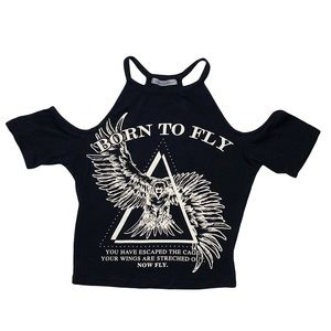 Charlotte Russe Cold Shoulder Black Graphic T-Shirt